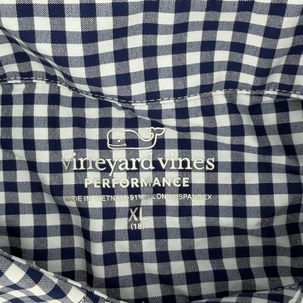 Vineyard Vines Button Down Boys XL 16 Navy Gingham Performance Shirt Long Sleeve